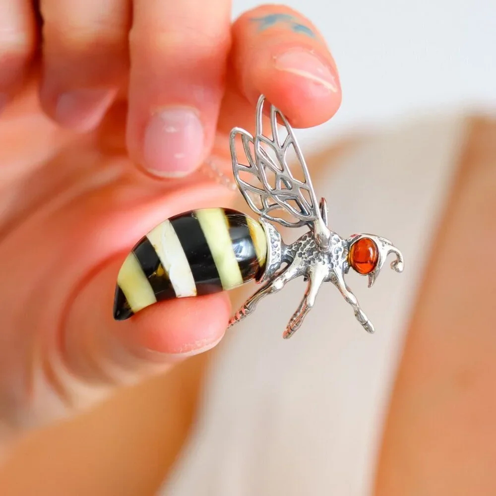 Baltic Amber Bumble Bee Pendant Necklace 925 Sterling Silver